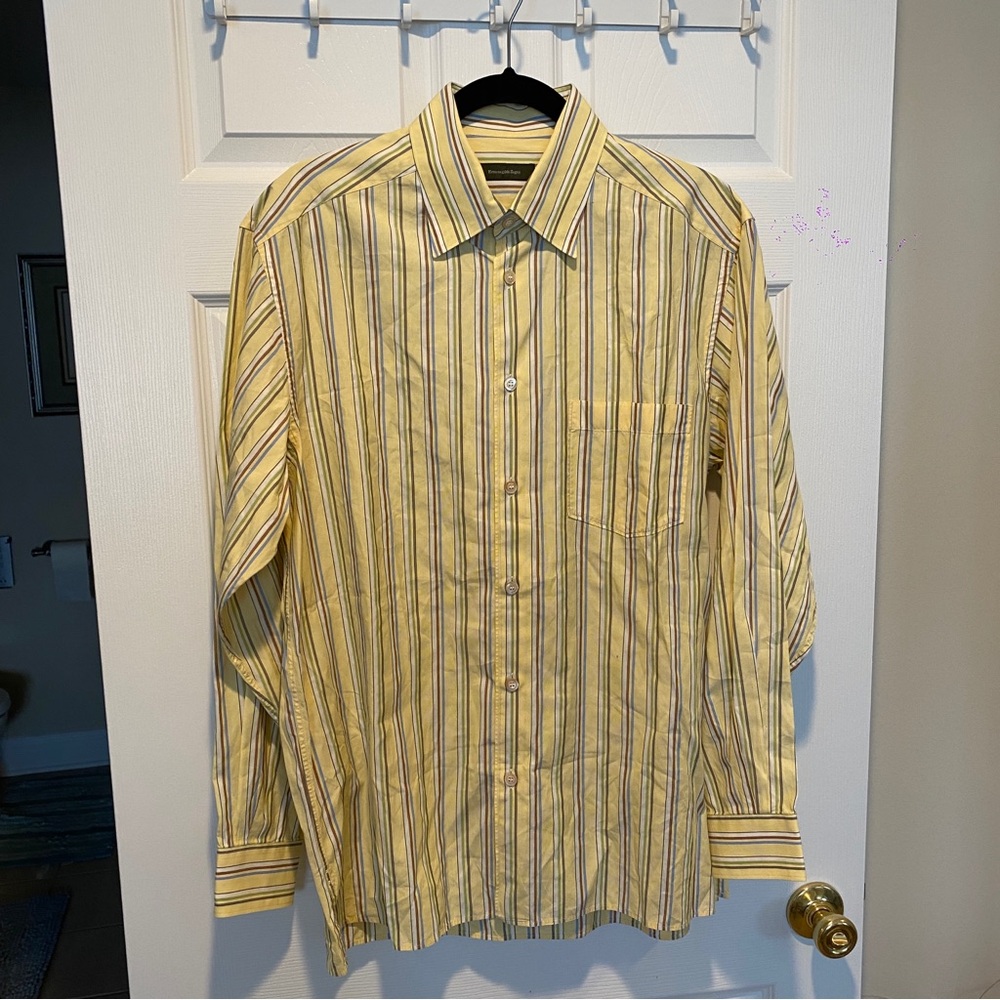 Ermenegildo Zegna Men’s Large Yellow/Blue Striped Button Front Shirt ItalyCott